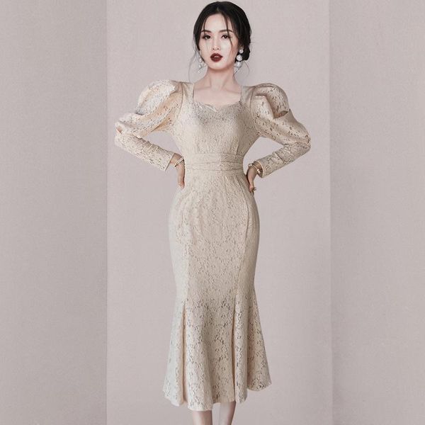 

casual dresses 2021 autumn fashion korean temperamen long women's square neck slim lace hollow out trumpet mermaid dress, Black;gray