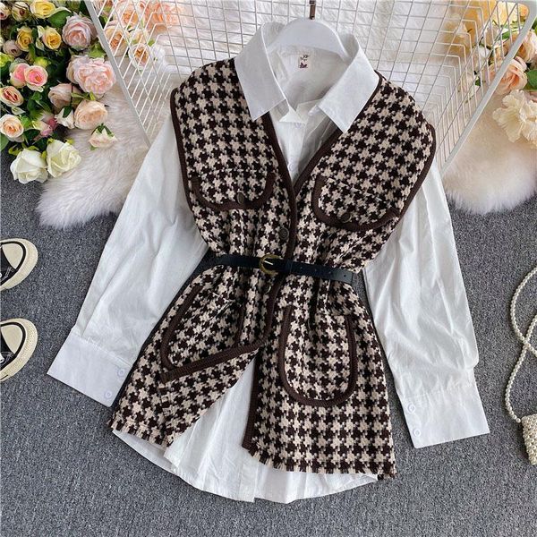 

women's tracksuits dstwjmx two piece set pocket waistcoat 2021 autumn design women long sleeve white blouse shirts+loose houndstooth v, Gray