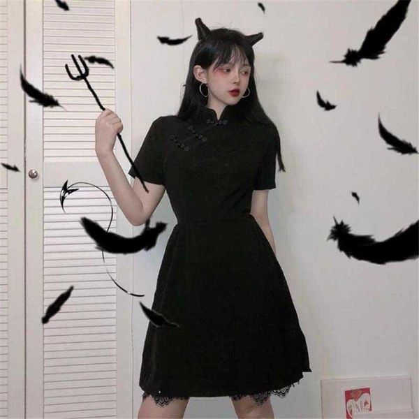 

two piece dress nicemix 2021 arrival harajuku chinese buttons lace patchwork short sleeve cheongsam black women vintage slim dresses, White