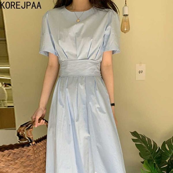 

korejpaa women dress korea chic simple solid color french o-neck pleated strap bow tie waist short sleeve vestido female 210526, Black;gray