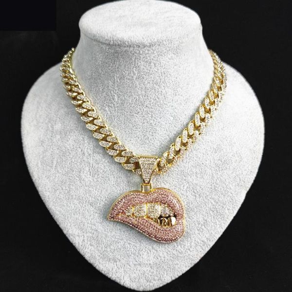 

pendant necklaces crystal iced out miami cuban link chain biting pink lips necklace for men hip hop jewelry on the neck choker, Silver
