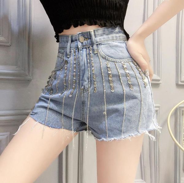 

women's jeans denim shorts women 2021 high waist fake diamond fringed pants, Blue