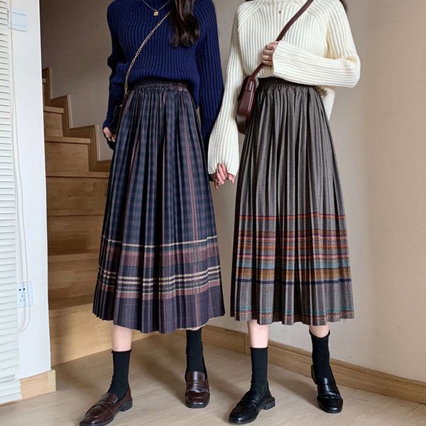 

autumn and winter pleated tweed a-line swing medium length plaid skirt, Black;gray