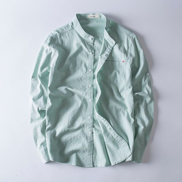 

2021 new -5xl long sleeve autumn solid men linen and cotton stand collar mens shirts fashion casual shirt male flax overhemd j476, White