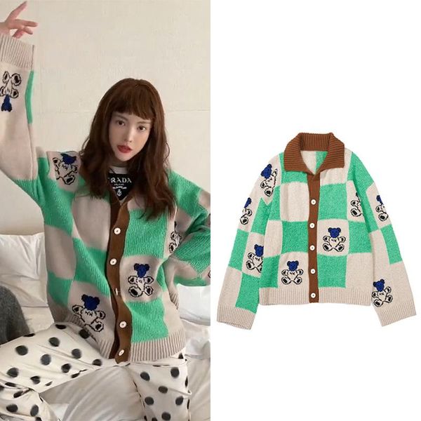 

2021 cute bear green plaid lapel knit cardigan women sweater jacket, White