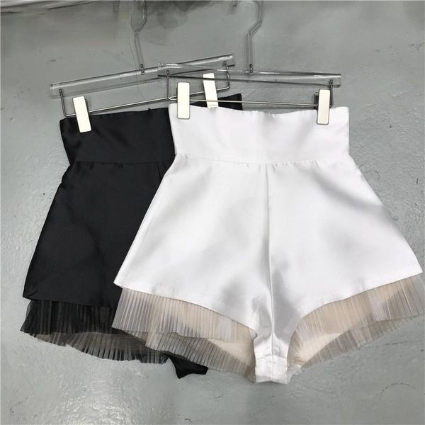 

women's shorts fashion 2021 summer mesh stitching lining exposed design high waist slim wide leg femme, White;black
