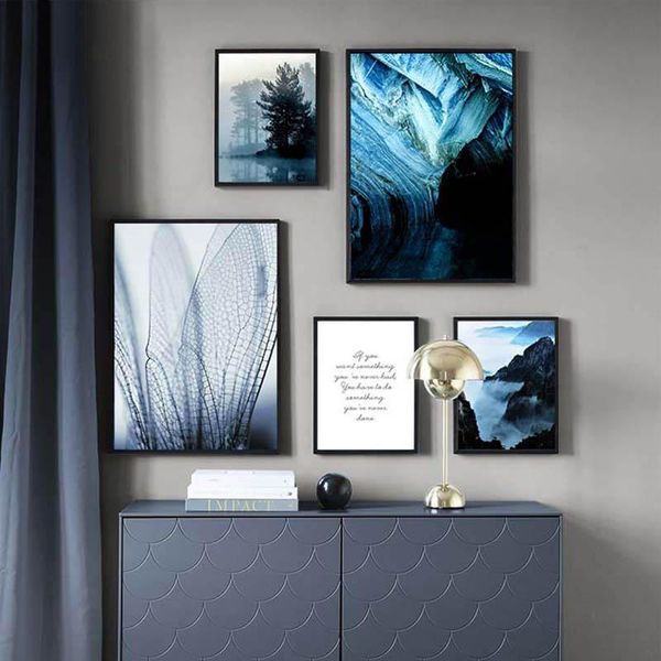 

paintings blue theme foggy mountain forest poster nature scenery moth wings canvas painting hd print scandinavian pictures home decor