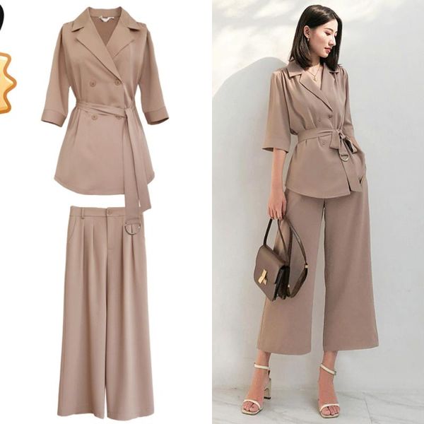 

designer runway stylish pants suit set office ladies chiffon belt blazer high waist pant khaki women set feminino, White