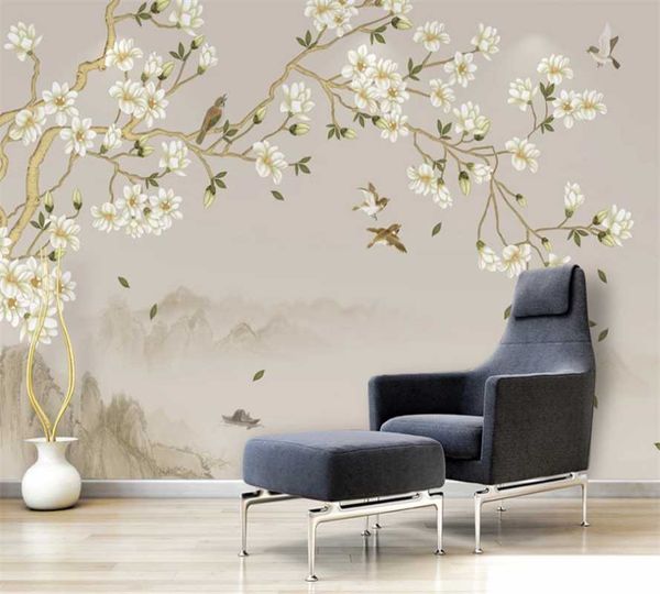 

custom 3d wallpaper mural new chinese style hand-painted magnolia flower bird tv background wall decoration painting