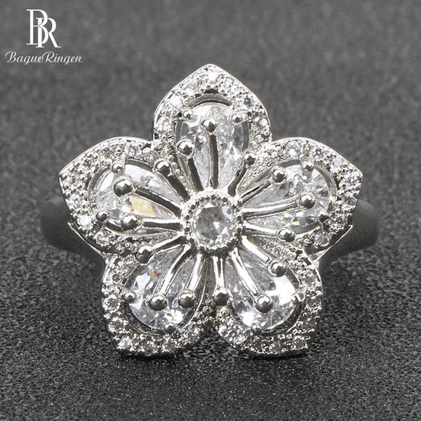 

cluster rings bague ringen luxury silver 925 for women charms fine jewelry water drop gemstones wedding elegant flower shaped ring gift, Golden;silver