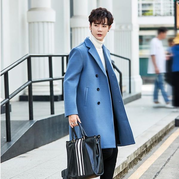 

men's wool & blends 2021 autumn and winter long trench coat double-breasted korean style trendy handsome british woolen, Black