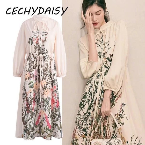 

casual dresses runway dress 2021 autumn winter floral printed lace up long sleeve elegant vintage vacation party night ladies midi robe, Black;gray