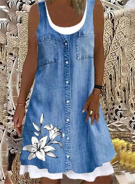 

floral denim print sleeveless round neck casual women's dress, Black;gray