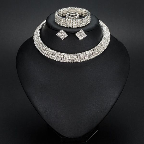 

earrings & necklace wedding jewelry sets aessories bride 1-5 row classic rhinestone choker and bracelet n387, Silver