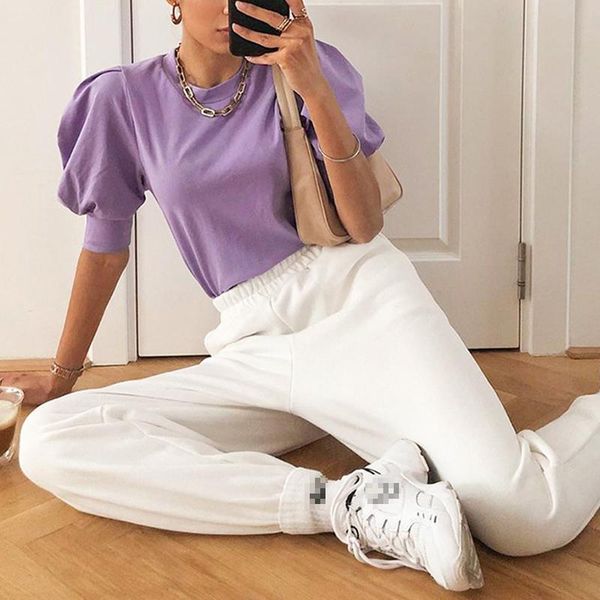 

women's t-shirt women clothing summer o neck purple puff short sleeve ladies casual elegant harajuku korean streetwear tee sj6254m, White