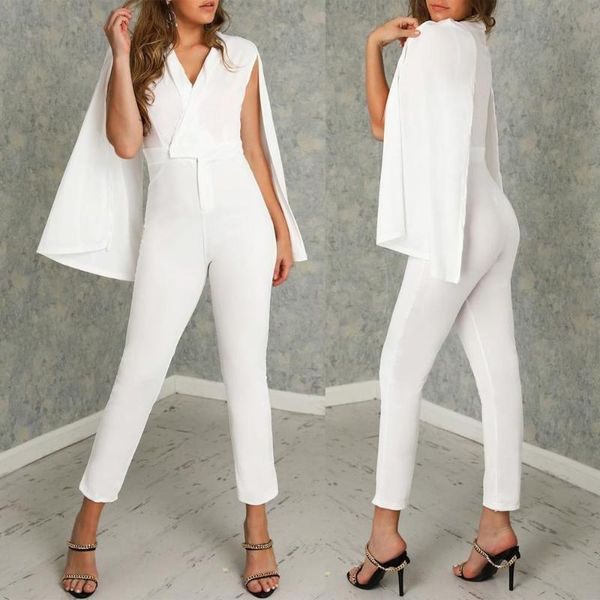 

women's jumpsuits & rompers ahvit white skinny cloak sleeve fashion women playsuits deep v neck solid color elegant party romper ol5133, Black;white