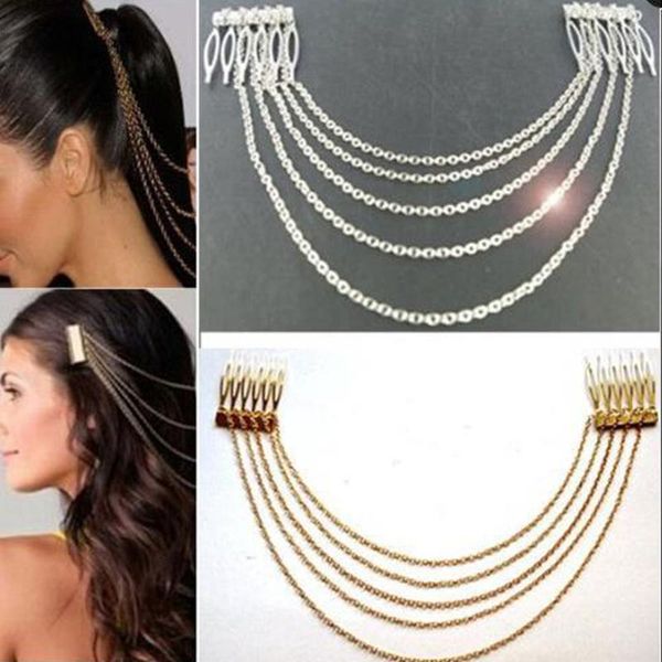 

hair clips & barrettes ornament leaf chain tassel comb girlb200, Golden;silver