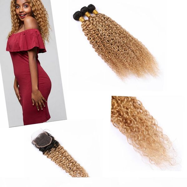 

indian ombre curly hair bundles with closure 4" * 4" dark root 3 bundles ombre curly human hair bundles #1b #27, Black;brown