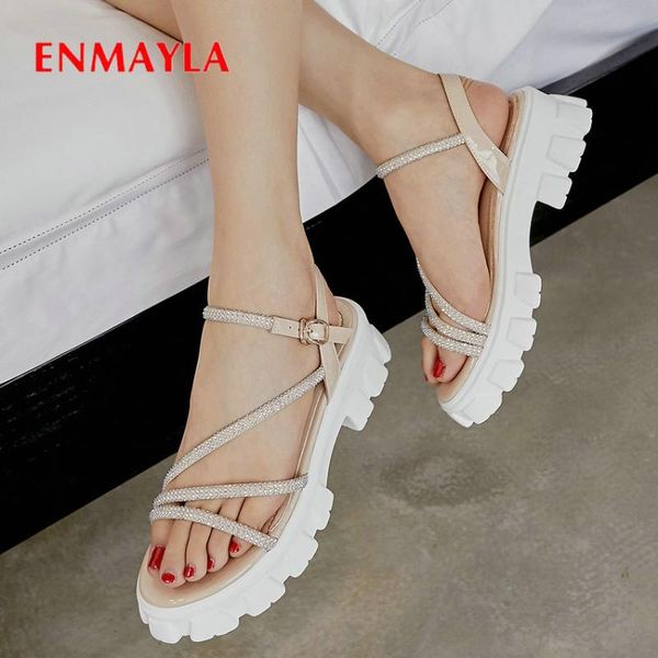 

dress shoes enmayla 2021 wedges for women genuine leather gladiator buckle strap sandals casual crystal high heel, Black