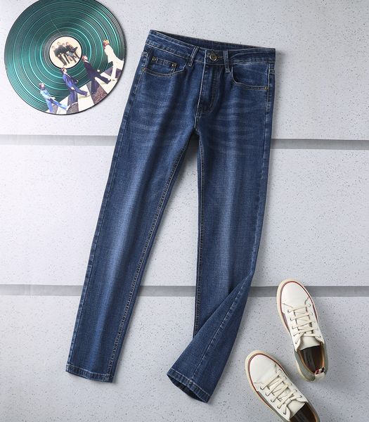 

mens jeans designer small feet casual all-match men slim trousers stretch denim fabric solid autumn and winter new plaid regular pant latest, Blue