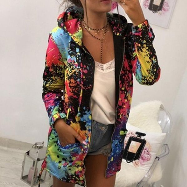

women's jackets spring autumn bomber jacket coat women print pocket zipper hooded outwear casual windbreaker thin slim overcoat, Black;brown
