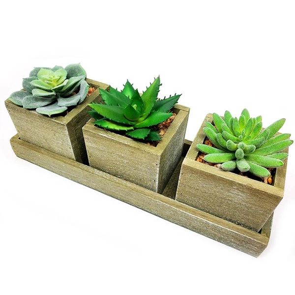 

set of 3 orted artificial fake plant succulents with wooden tray, mini fake succulent potted plant arrangements 1 pcs