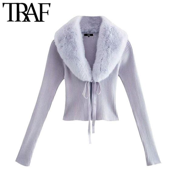 

traf women fashion faux fur patchwork cropped knitted cardigan sweater vintage tied v neck female outerwear chic, White