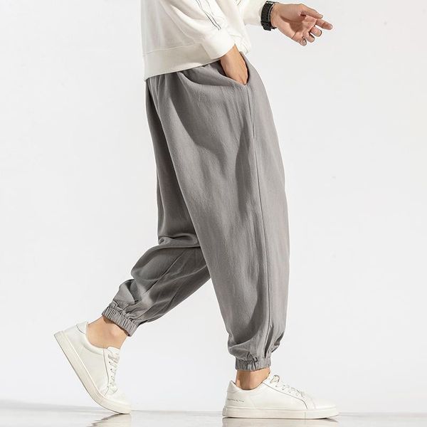 

men's pants men harem japanese casual cotton linen trouser man jogger chinese baggy y2006, Black