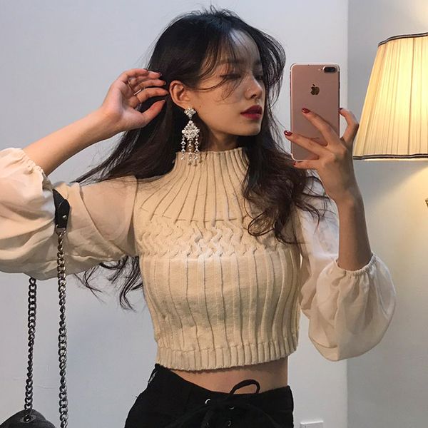 

2021 Top quality Chic Autumn Winter Women Turtleneck Sweater Jumpers Knitted Short Pullovers Chiffon Patchwork Lantern Female To HT9B, White;black