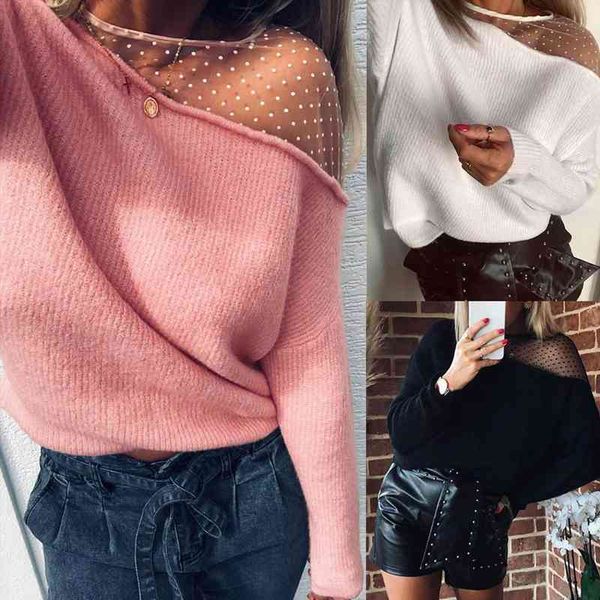 

winter pullover women knitted sweater blouse sheer see casual long sleeve pull female solid sweaters pullovers, White;black