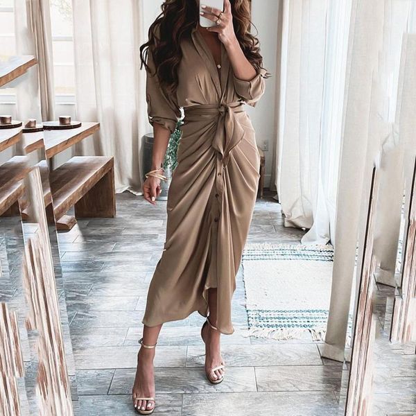 

casual dresses women's legant office lady vestidos solid color cardigan dress with belted waist and button sleeves ladies 2021 r5, Black;gray