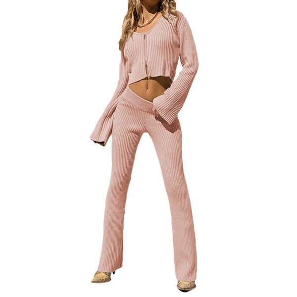 

women's two piece pants knitted tracksuit women set spring autumn clothing solid flare full sleeve zipper crop cardigan + leisure suits, White