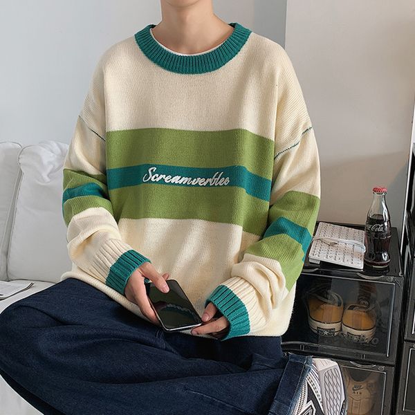 

men's sweaters suÃ©ter de malha para homens, gola redonda, patchwork, grande, listrado, inverno, pulÃ´ver masculino, harajuku, casual, qg, White;black