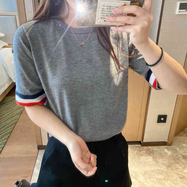 

tb wool 8376 four bar college style cuff webbing spring and summer new thin knitted short sleeve strip, White;black
