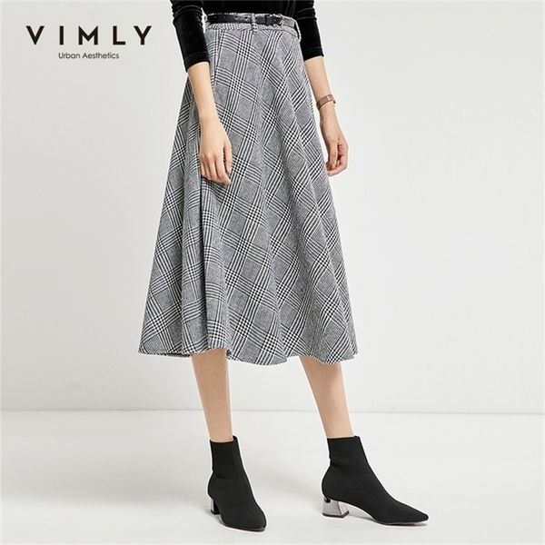 

vimly spring autumn women plaid skirt office lady elegant high waist zipper belt mid calf vintage female a line skrit 98897 210310, Black