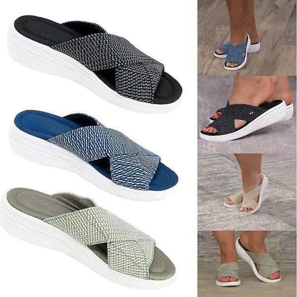 

slippers summer sandals women shoes stretch cross ortic slide casual slip on comfort for beach, Black