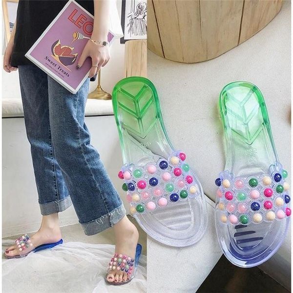 

slippers gradient color jelly non-slip plastic female outdoor word beach shoes drag, Black