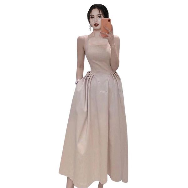 

casual dresses french maxi a line one piece dress korean ladies summer sleeveless square neck cabaret party robe for women, Black;gray