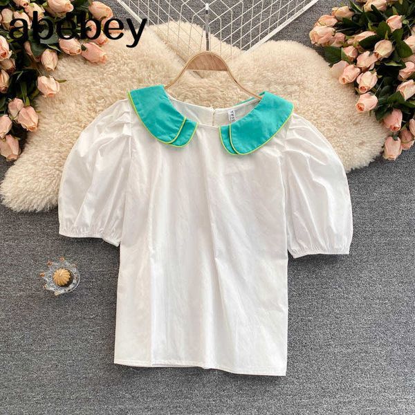 

women bohemian solid blouse korean style sweet peter pan collar short bow streetwear blouses 210715, White