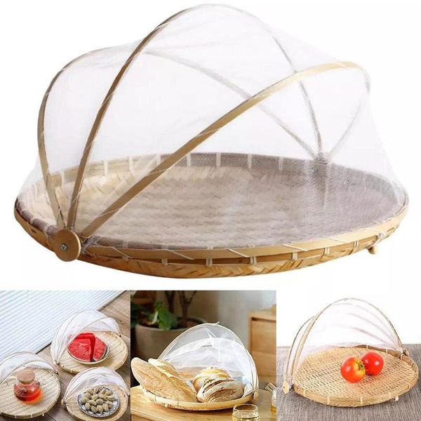 

storage baskets 1pc bamboo picnic food serving basket anti flies insect net cover bread fruit tray dustproof with dish