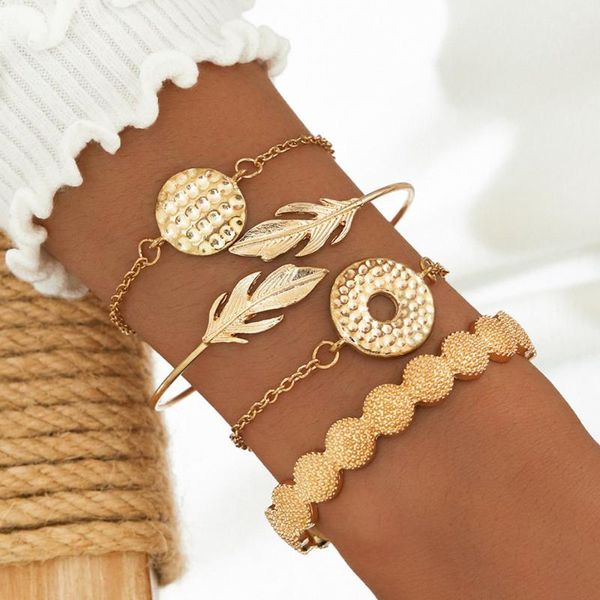 

link, chain diezi 4 pcs/set vintage bohemian bracelets cuff bangles elegant round circle feather carm bracelet sets gold color jewelry, Black