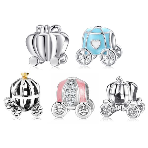 

gold-plated crown pumpkin car 925 sterling silver metal beads fit original lynaccs charms silver bracelet trinket jewelry making q0531, Black