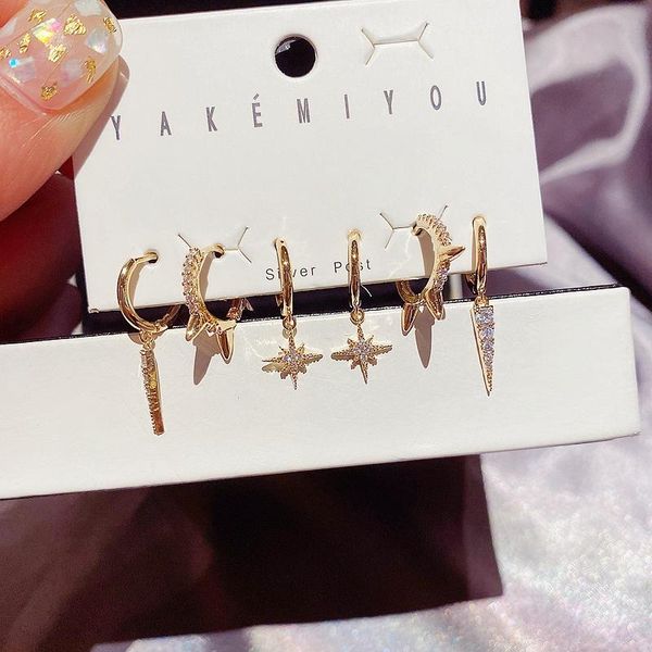

migga 3 pairs micro paved cubic zirconia star spike drop earrings pack gold color trendy women jewelry, Silver