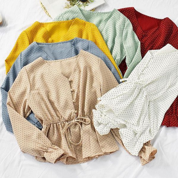 

autumn shirt female 2021 korean version of the college style v-neck horn sleeve student polka dot long-sleeved women's blouses & shirts, White