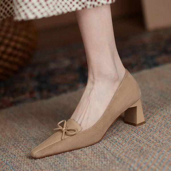

dress shoes bow design sheepskin suede soft genuine leather women heels comfortable spring fashion high heel, Black