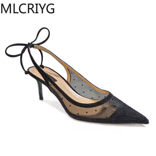 

mlcriyg pointed toe black high heels stiletto fairy style 2021 spring and summer new polka dot mesh lace toe cap sandals