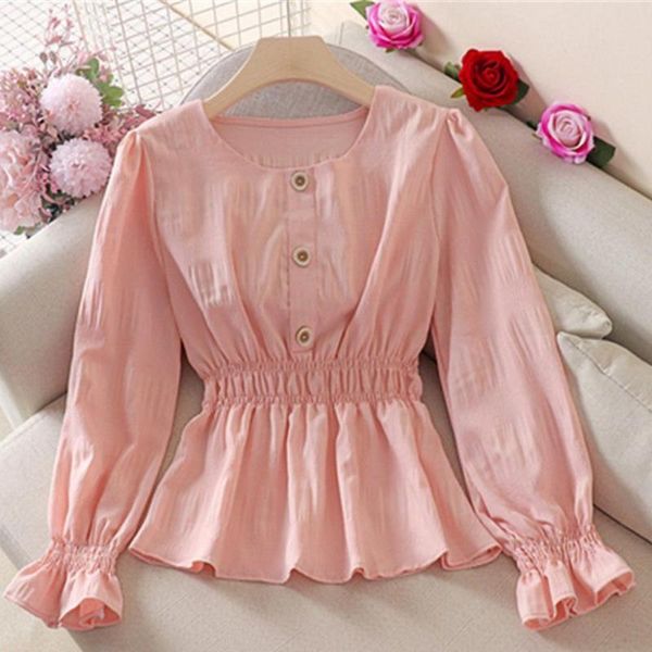 

women's blouses & shirts women girl chiffon vintage solid color blouse shirt lantern sleeve high waist o neck short clothing, White