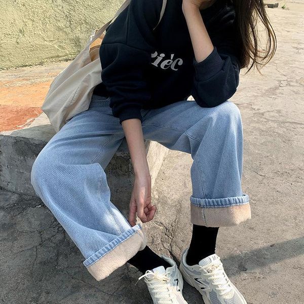 

women's jeans women 2021 autumn winter warm plus size wide leg straight female casual denim pants ladies thick fleece trousers y426, Blue