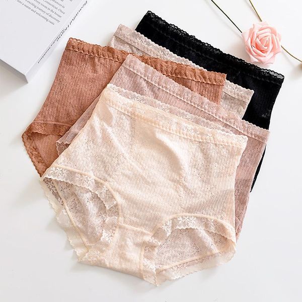 

women's panties high waist ladies abdomen lace cotton antibacterial crotch silk breathable large size fat women underwear female briefs, Black;pink
