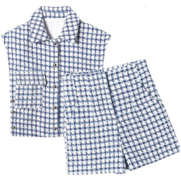 

two piece dress xiaoxiangfeng spring/summer retro blue plaid textured vest + high waist shorts women f9ax, White